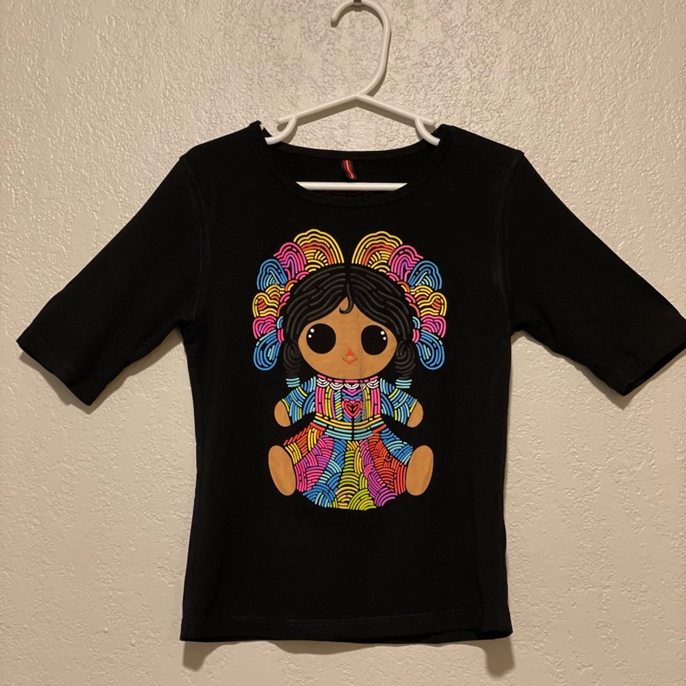 Ay Güey designer shirt; 4t; gently used; black with Mazahua doll design